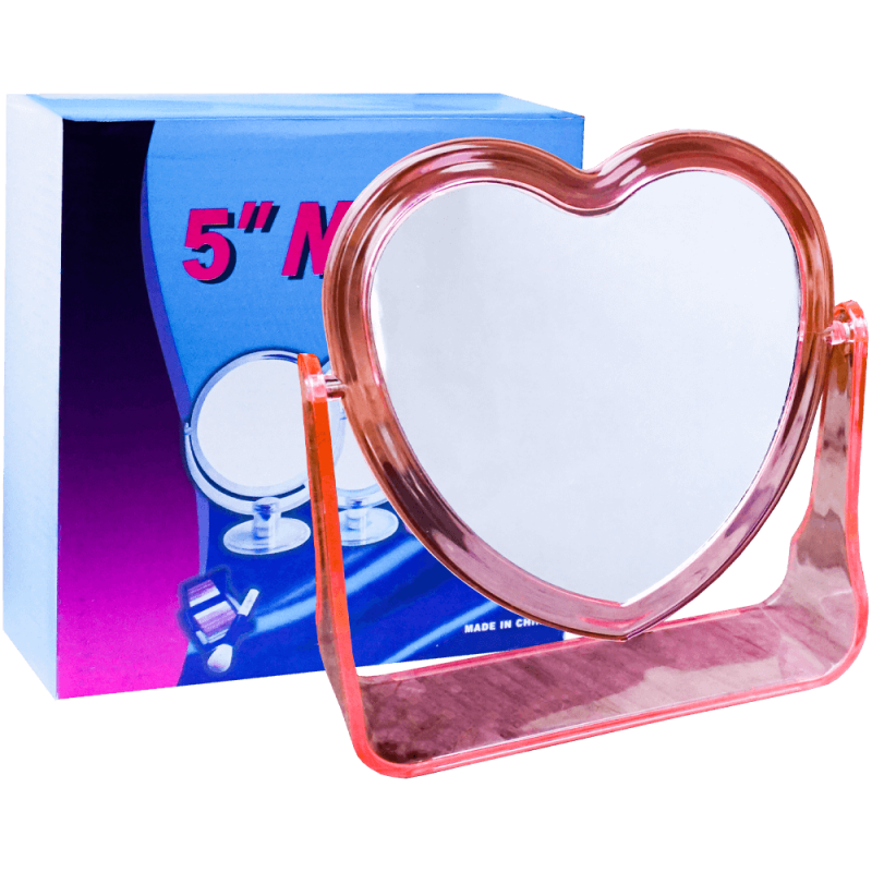 Oglinda cosmetica de make-up in forma de inima, cu 2 fete si suport din plastic, 18 x 16 CM